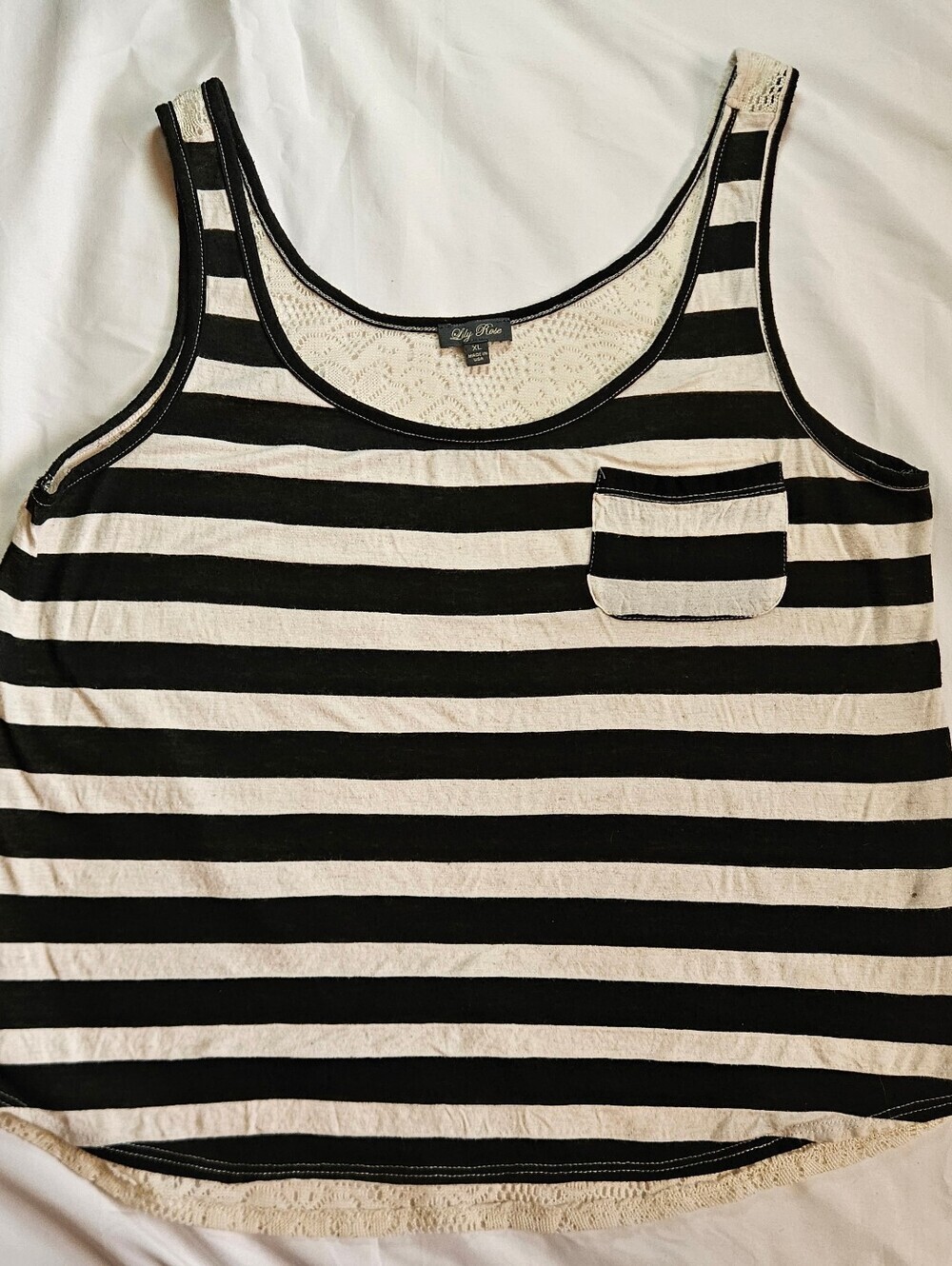 Lily Rose Womens White And Black Striped Tank Top With Crochet Back Size XL